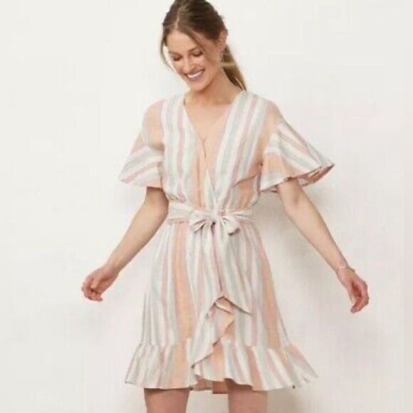 Lauren Conrad blush orange and tan linen ruffle faux wrap dress size medium NWT - Picture 3 of 10